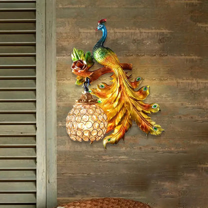 Decorative Bird Wall Sconce with Crystal Orb Shade – Resin Accent Lighting for Living Room, Bedroom & Hallway – Left or Right Facing Design