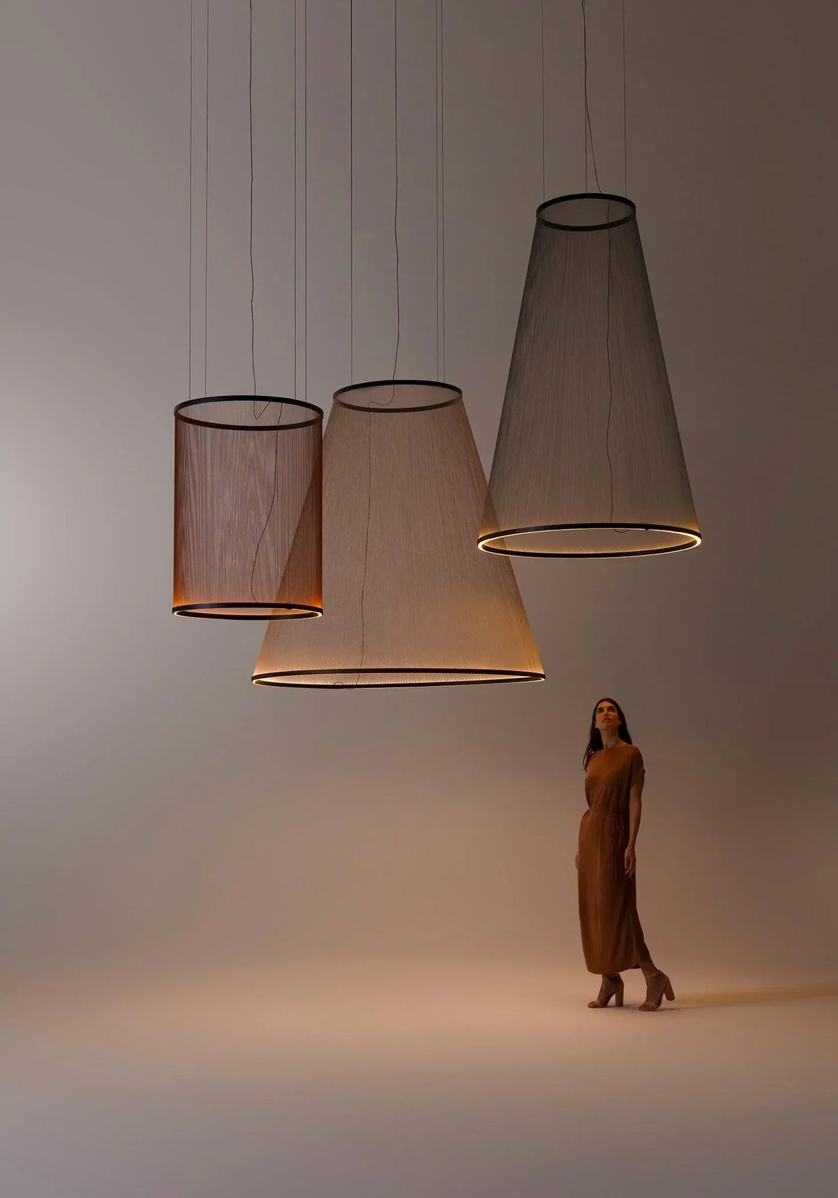 Layered Fabric Shade Chandelier with Integrated LED for Dining Rooms, Kitchen Islands & High Ceilings | Modern Multi-Drop Adjustable Cable P