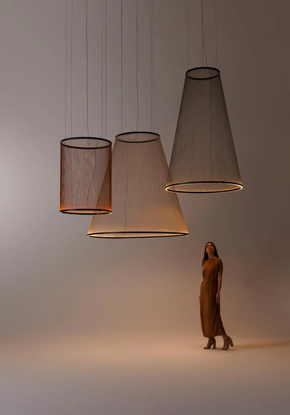 Layered Fabric Shade Chandelier with Integrated LED for Dining Rooms, Kitchen Islands & High Ceilings | Modern Multi-Drop Adjustable Cable P