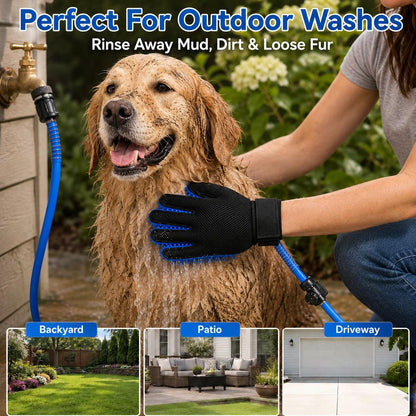 Ortekor Pet Bathing Glove with Hose for Bathtub & Backyard Washes - One-Hand Water Flow Grooming Glove