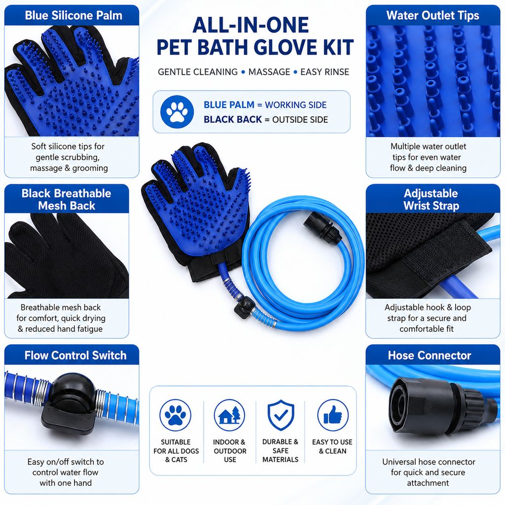 Ortekor Pet Bathing Glove with Hose for Bathtub & Backyard Washes - One-Hand Water Flow Grooming Glove