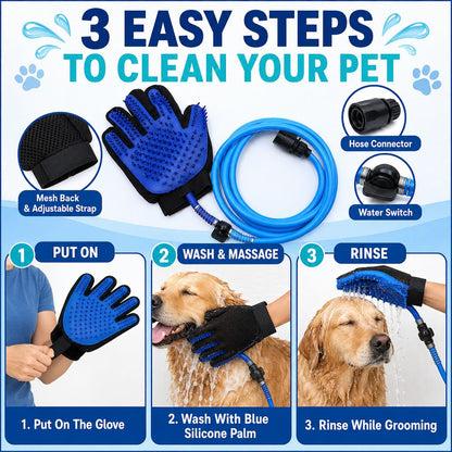 Ortekor Pet Bathing Glove with Hose for Bathtub & Backyard Washes - One-Hand Water Flow Grooming Glove