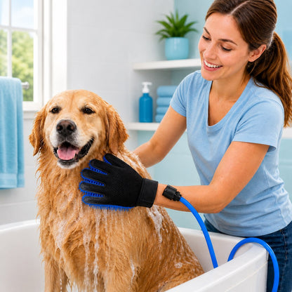 Ortekor Pet Bathing Glove with Hose for Bathtub & Backyard Washes - One-Hand Water Flow Grooming Glove