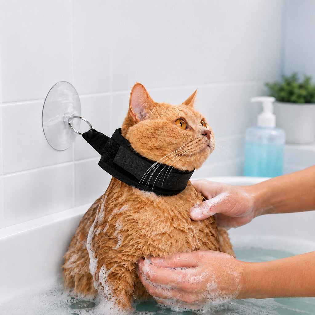 Ortekor Pet Bathing Restraint with Suction Cup for Cats & Small Dogs - Hands-Free Grooming Collar to Help Prevent Escapes During Bath Time