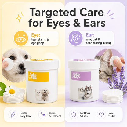Ortekor Pet Eye & Ear Wipes for Daily Grooming - Gentle Pads for Tear Stains, Eye Goop, Outer Ear Wax & Dirt