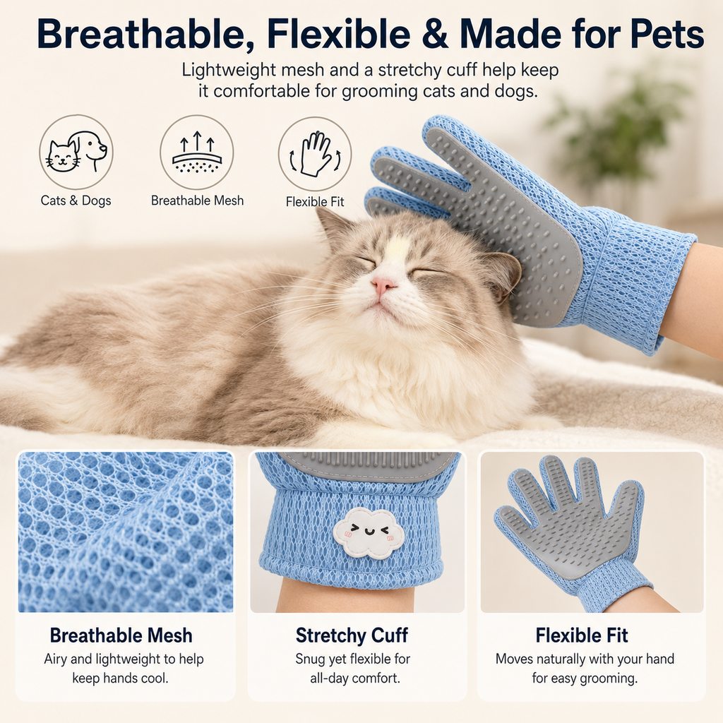 Ortekor Dual-Sided Pet Grooming Glove for Couch & Bath Time - Gentle Deshedding, Massage & Fur Cleanup for Cats &Dogs