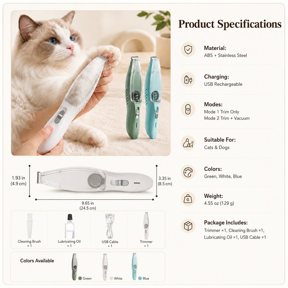 Ortekor Pet Paw Trimmer with Built-In Vacuum for Cats & Dogs - Low-Noise Detail Groomer for Paws, Ears & Loose Fur Cleanup