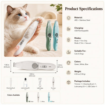 Ortekor Pet Paw Trimmer with Built-In Vacuum for Cats & Dogs - Low-Noise Detail Groomer for Paws, Ears & Loose Fur Cleanup