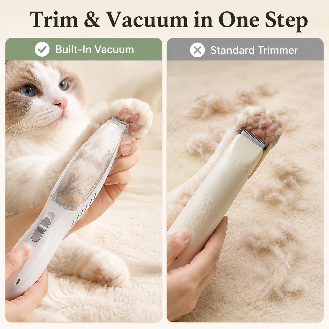 Ortekor Pet Paw Trimmer with Built-In Vacuum for Cats & Dogs - Low-Noise Detail Groomer for Paws, Ears & Loose Fur Cleanup