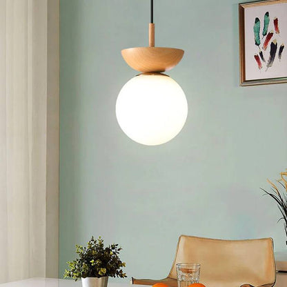 Round Wooden Pendant Glass Lamp