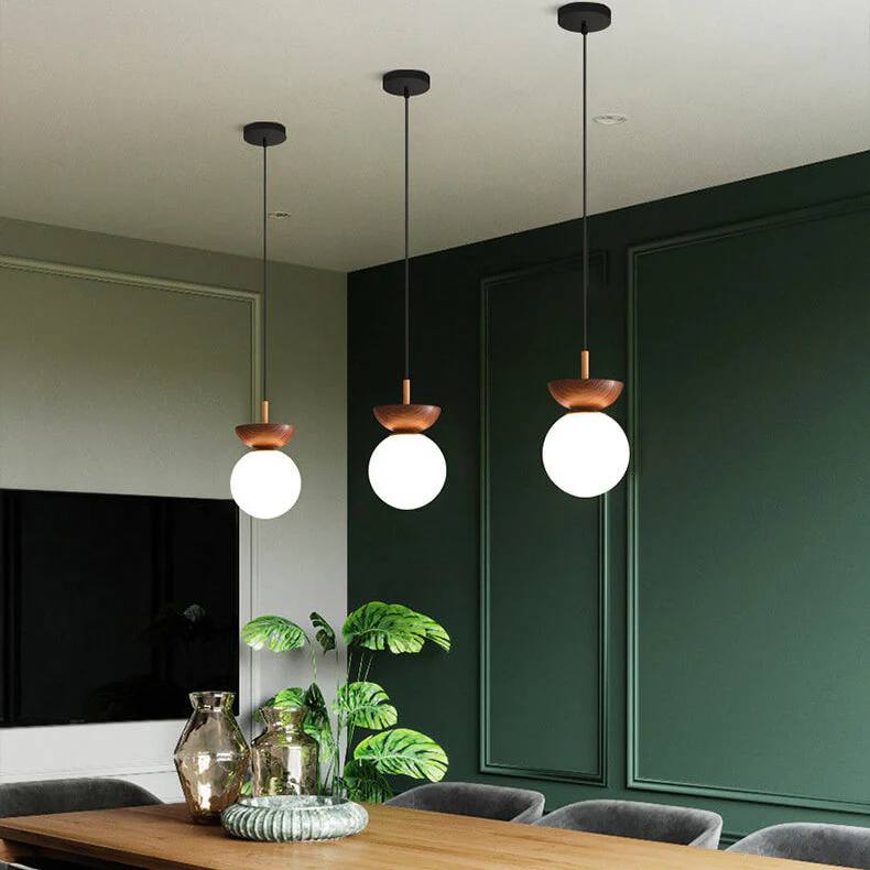 Round Wooden Pendant Glass Lamp