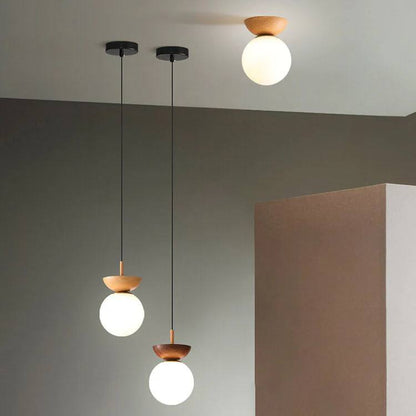 Round Wooden Pendant Glass Lamp