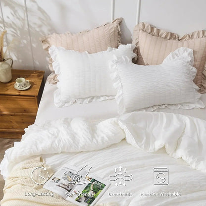 Textured Seersucker Duvet Cover Set with Lace Trim | 3-Piece Wrinkle-Free Bedding with Pillowcases | Lightweight Breathable Comforter