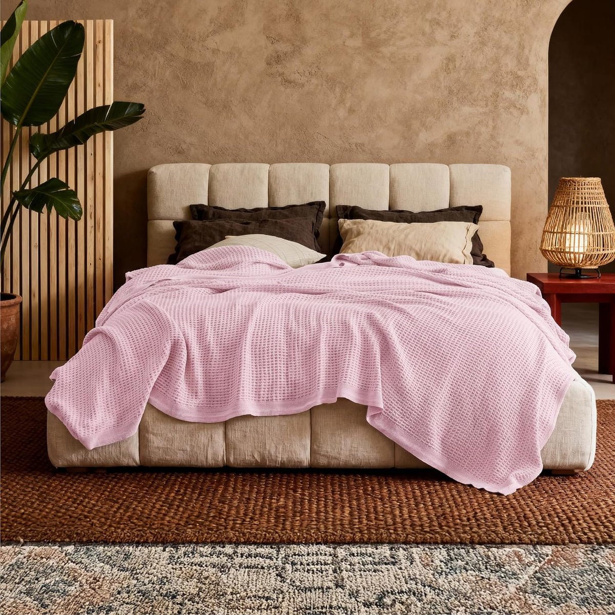 Cotton Throw Blanket for Bed, Waffle Weave Queen Size Blanket for All Seasons, Soft Breathable Cotton Blanket for Couch