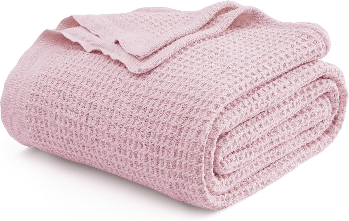 Cotton Throw Blanket for Bed, Waffle Weave Queen Size Blanket for All Seasons, Soft Breathable Cotton Blanket for Couch