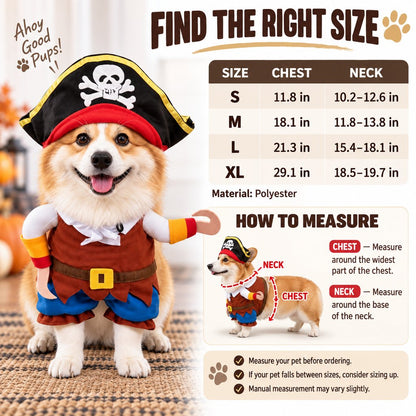 Ortekor Funny Pirate Dog Costume with Hat & Hook Arms - Complete Halloween Party & Photo Outfit for an Instant 3D Pirate Look