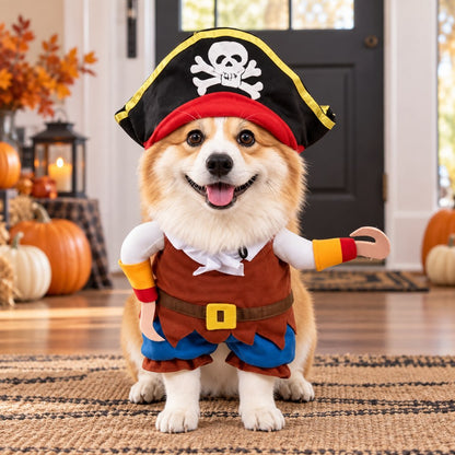 Ortekor Funny Pirate Dog Costume with Hat & Hook Arms - Complete Halloween Party & Photo Outfit for an Instant 3D Pirate Look
