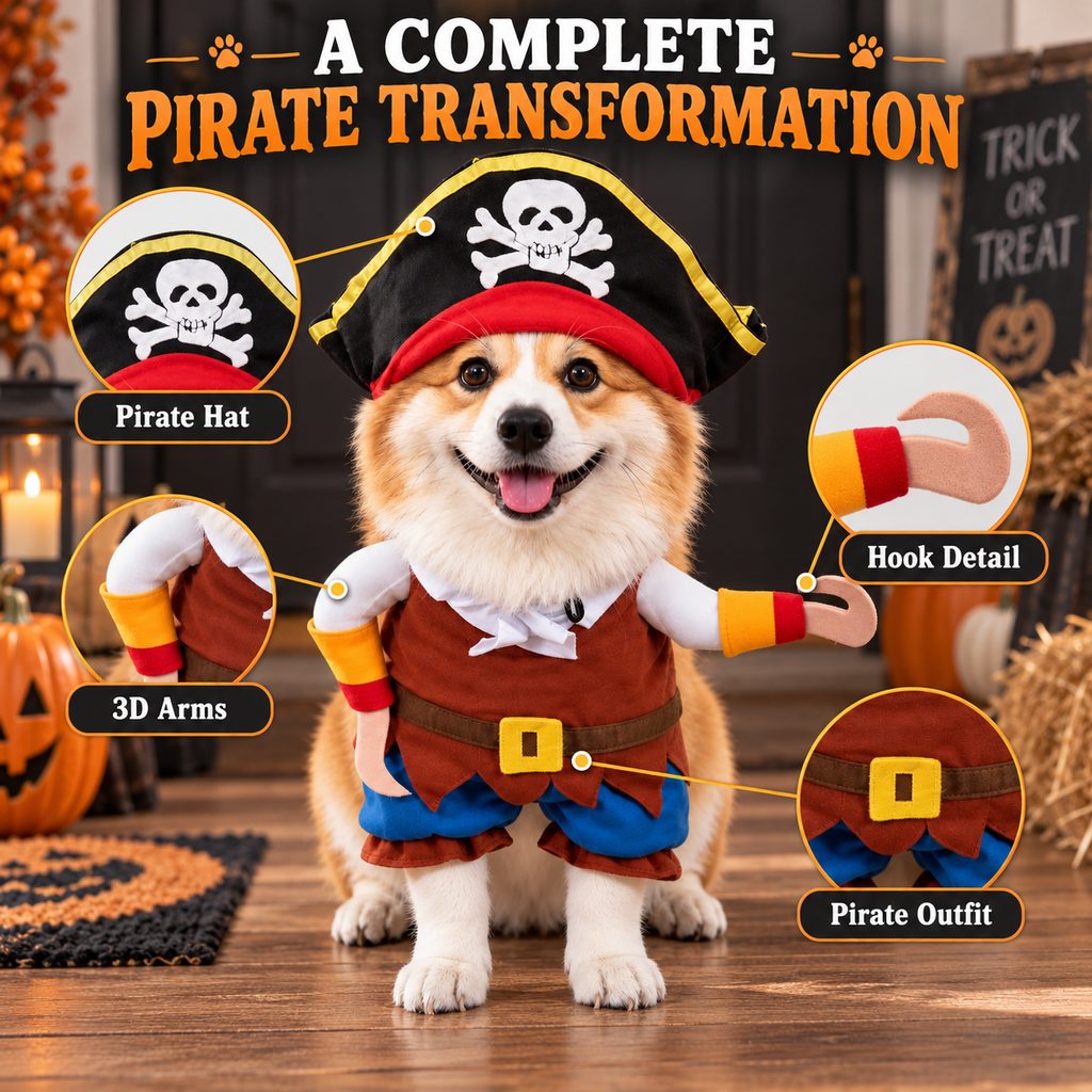 Ortekor Funny Pirate Dog Costume with Hat & Hook Arms - Complete Halloween Party & Photo Outfit for an Instant 3D Pirate Look