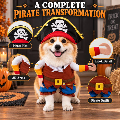 Ortekor Funny Pirate Dog Costume with Hat & Hook Arms - Complete Halloween Party & Photo Outfit for an Instant 3D Pirate Look