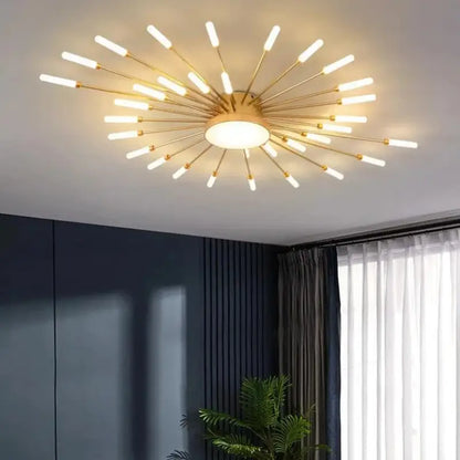 50W LED Radial Ceiling Light 50 in Diameter Gold Aluminum Multi-Arm Fixture for Large Living Rooms Open Layouts Dining Areas
