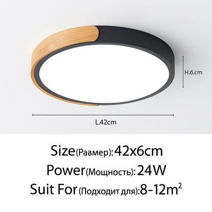Modern Round LED Ceiling Light with Wood Accent Trim – Dimmable Flush Mount for Kitchen, Bedroom, Office & Living Room