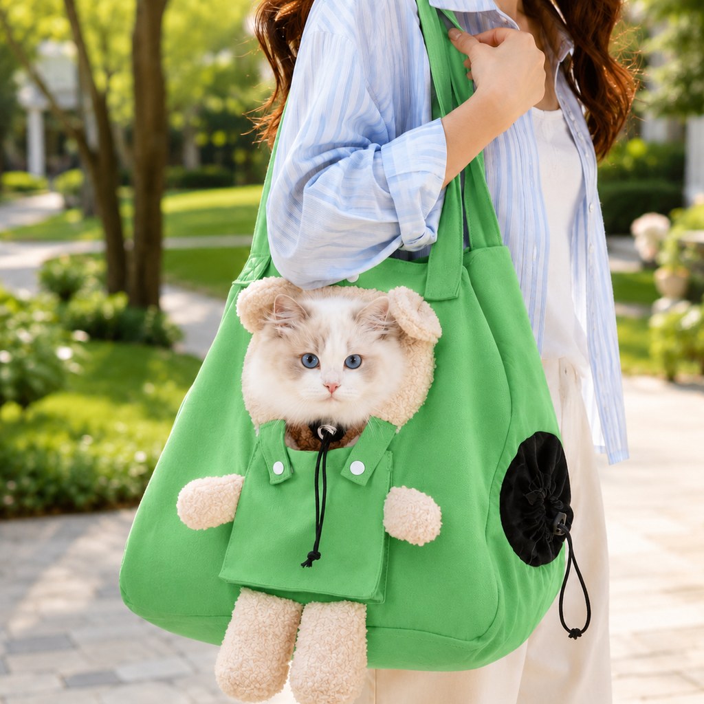 Ortekor Plush Bear Cat Carrier Tote Bag – Dual Head-Out Shoulder Carrier for Walks, Errands & Keeping Your Cat Close