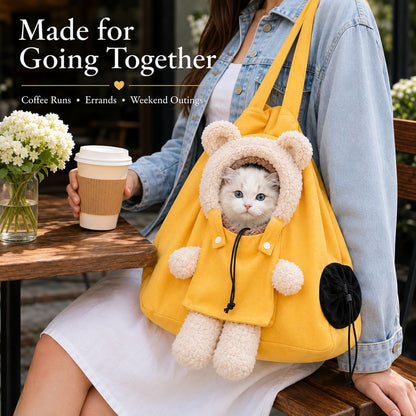 Ortekor Plush Bear Cat Carrier Tote Bag – Dual Head-Out Shoulder Carrier for Walks, Errands & Keeping Your Cat Close