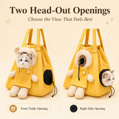 Ortekor Plush Bear Cat Carrier Tote Bag – Dual Head-Out Shoulder Carrier for Walks, Errands & Keeping Your Cat Close