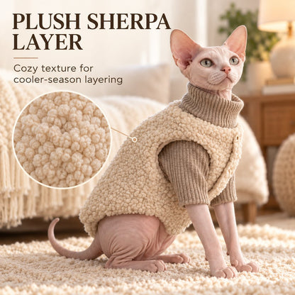 Ortekor Cozy Cat Turtleneck Sweater & Sherpa Vest Set - Cool-Weather Indoor Layers for Hairless & Short-Haired Cats
