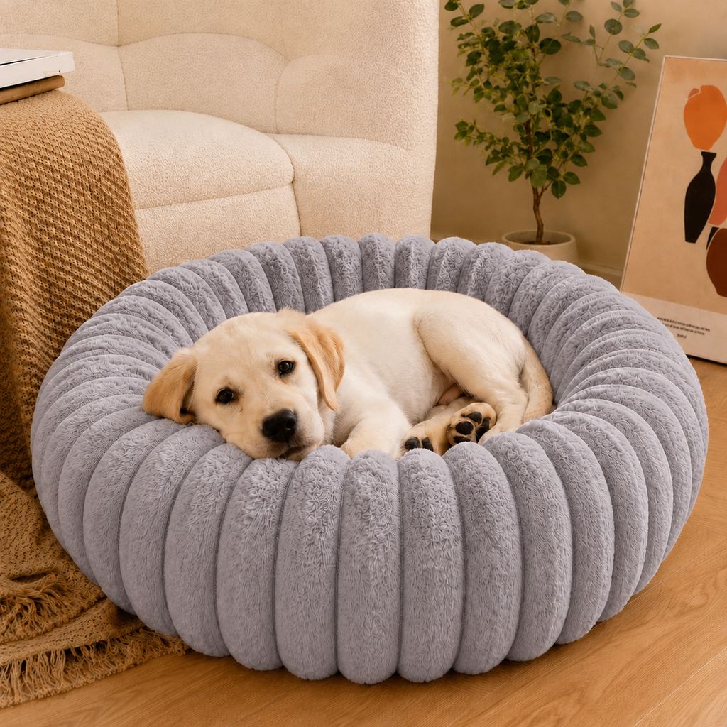 Ortekor Plush Donut Dog & Cat Bed with Raised Rim - Cozy Ribbed Lounger for Naps & Everyday Rest
