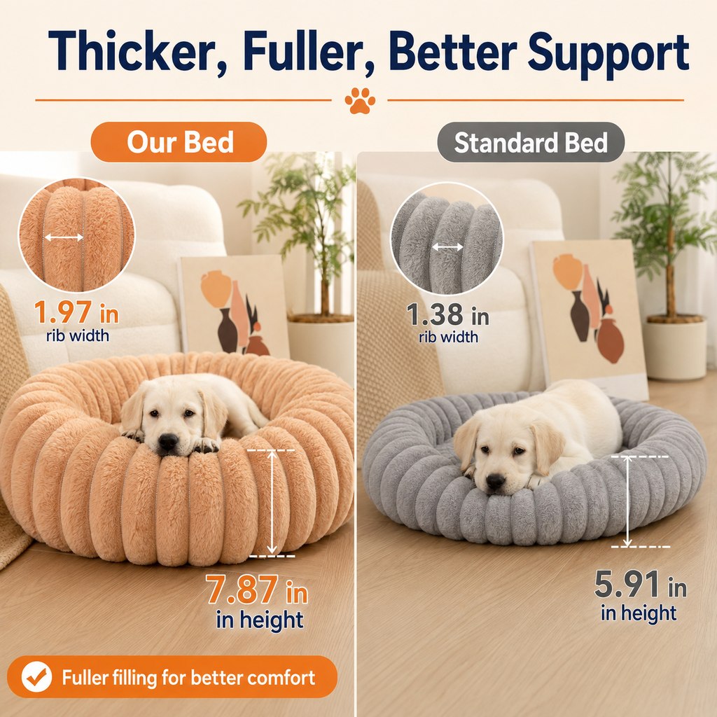 Ortekor Plush Donut Dog & Cat Bed with Raised Rim - Cozy Ribbed Lounger for Naps & Everyday Rest