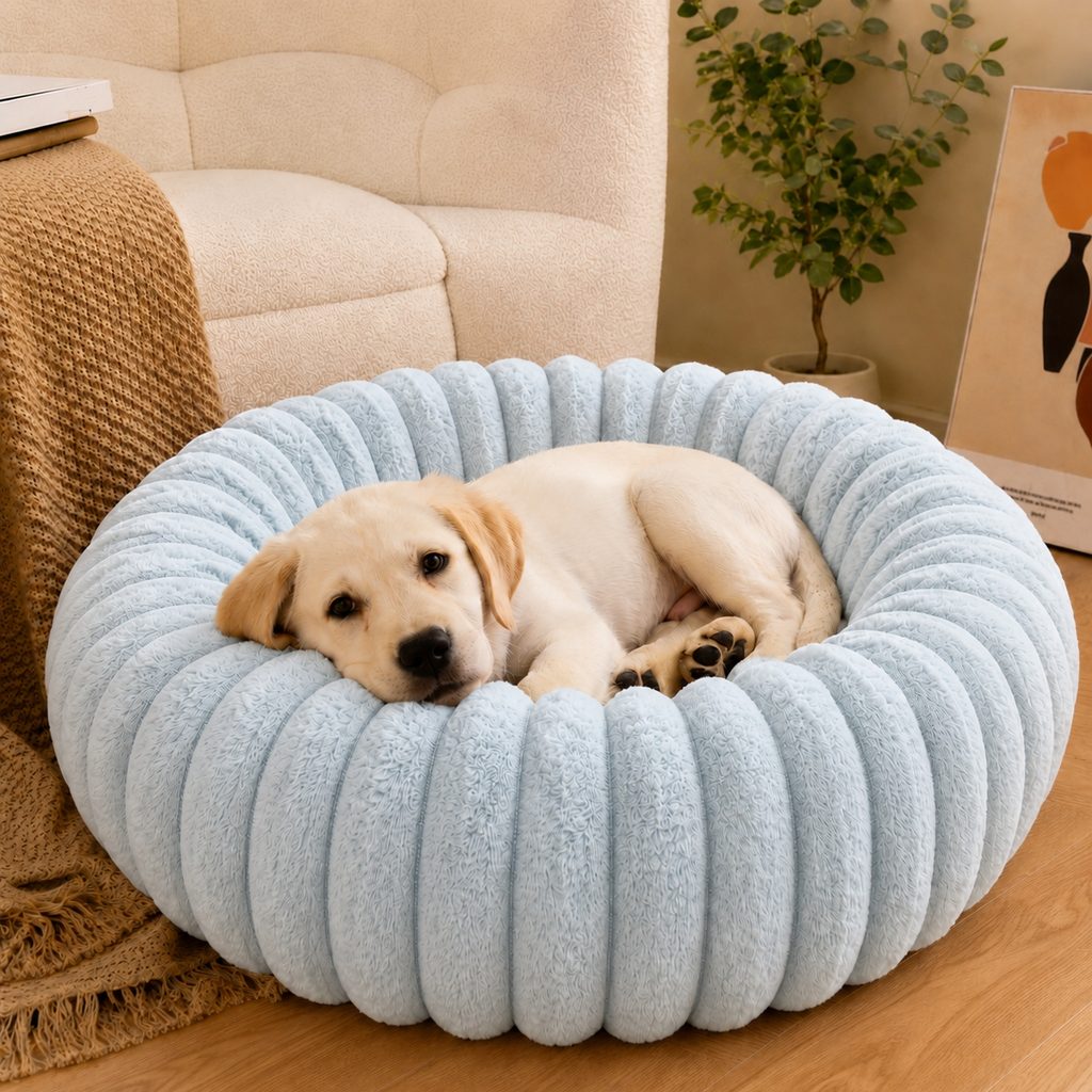 Ortekor Plush Donut Dog & Cat Bed with Raised Rim - Cozy Ribbed Lounger for Naps & Everyday Rest