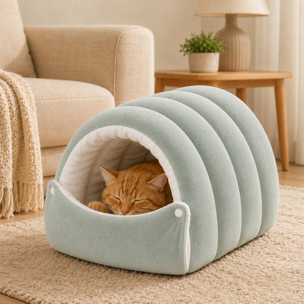 Ortekor Plush Semi-Enclosed Cat Cave Bed for Indoor Cats – Cozy Hideaway with Adjustable Snap Front, Caterpillar & Classic Styles