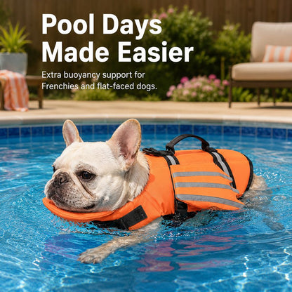 Ortekor French Bulldog Pool & Beach Reflective Angel-Wing Dog Life Jacket - Chin Float Support for Flat-Faced Dogs