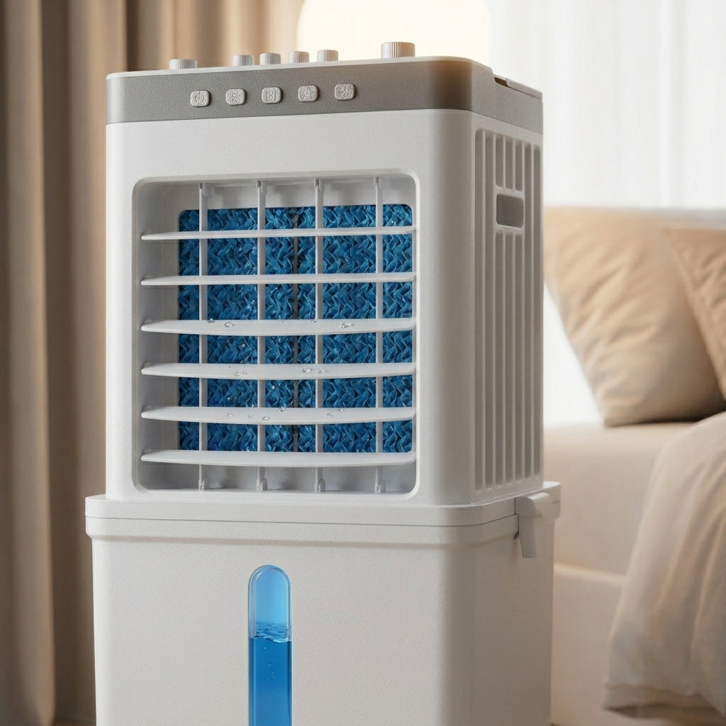 Compact Evaporative Air Cooler with Dehumidifier Function and Fan Modes for Bedrooms, Home Office, Apartments, Remote Control, Wheels, 320
