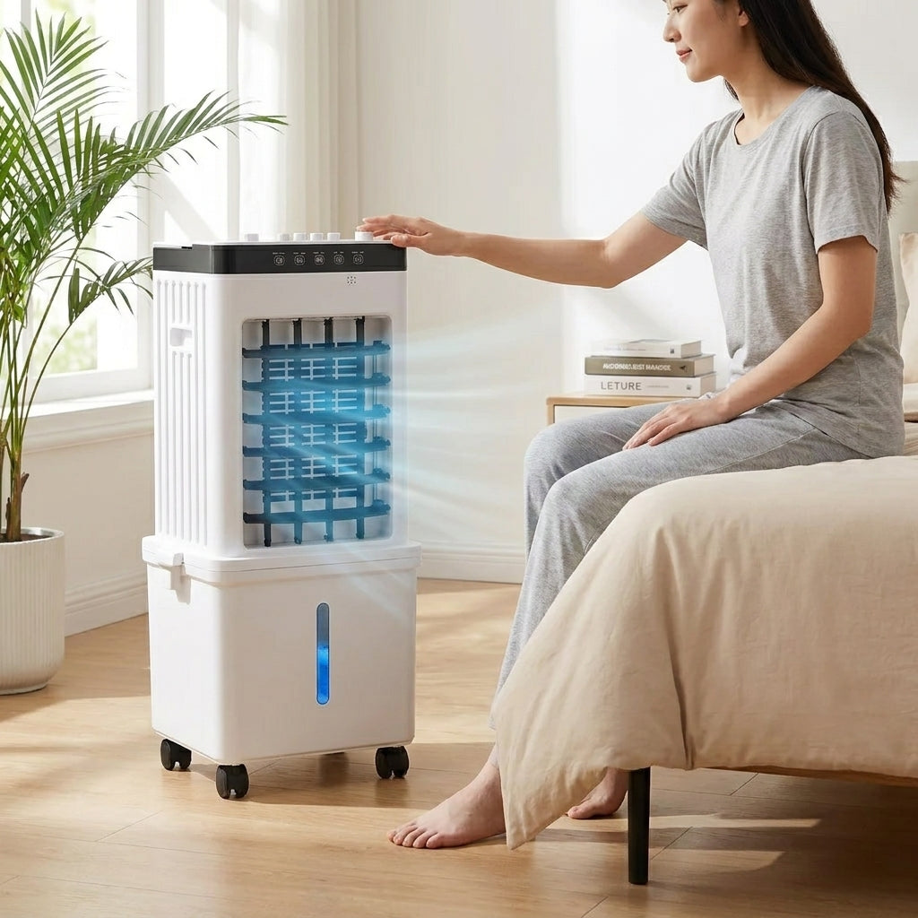 Compact Evaporative Air Cooler with Dehumidifier Function and Fan Modes for Bedrooms, Home Office, Apartments, Remote Control, Wheels, 320