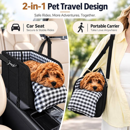 Ortekor Portable Pet Console Car Seat Carrier for Small Dogs & Cats - Front Seat Travel Solution with Secure Straps and Cozy Cushion