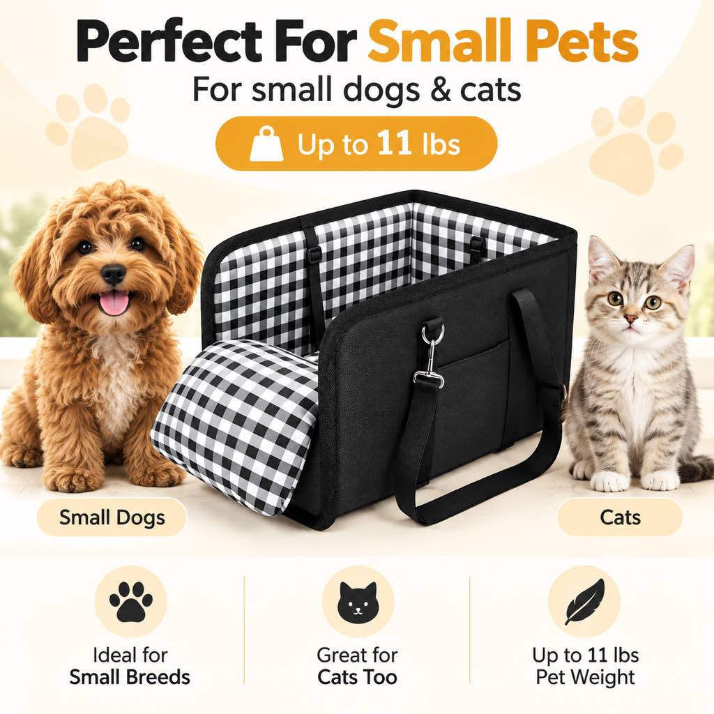 Ortekor Portable Pet Console Car Seat Carrier for Small Dogs & Cats - Front Seat Travel Solution with Secure Straps and Cozy Cushion