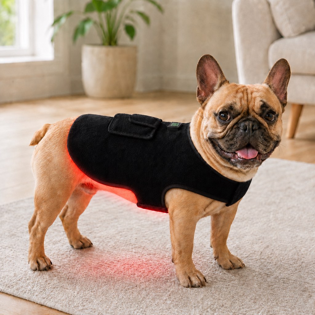Ortekor FrenchieGlow Red Light Comfort Vest for French Bulldogs - USB-Powered or Built-In Battery At-Home Back, Belly & Hip Comfort After Walks, Stairs & Playtime
