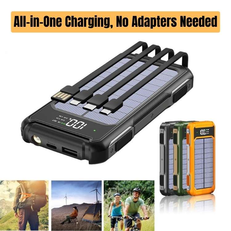 Portable Solar Power Bank 20000mAh with Built-In Cables for iPhone Android Devices USB-C Emergency Backup Battery Charger for Camping