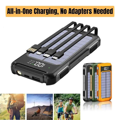 Portable Solar Power Bank 20000mAh with Built-In Cables for iPhone Android Devices USB-C Emergency Backup Battery Charger for Camping