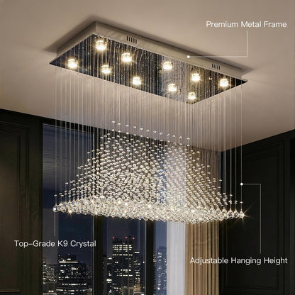 Rectangular Crystal Chandelier with Pyramid Design, 10-Light Stainless Steel Hanging Fixture for Dining Room, Kitchen Island & Living Room