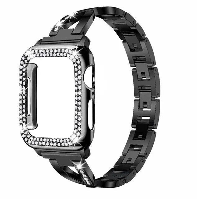 Jewelry-Style Steel Watch Band & Protective Case Bundle for Apple Watch Series – Coordinated Finish & Snap-On Installation