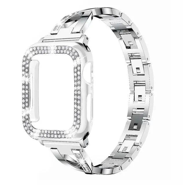 Jewelry-Style Steel Watch Band & Protective Case Bundle for Apple Watch Series – Coordinated Finish & Snap-On Installation