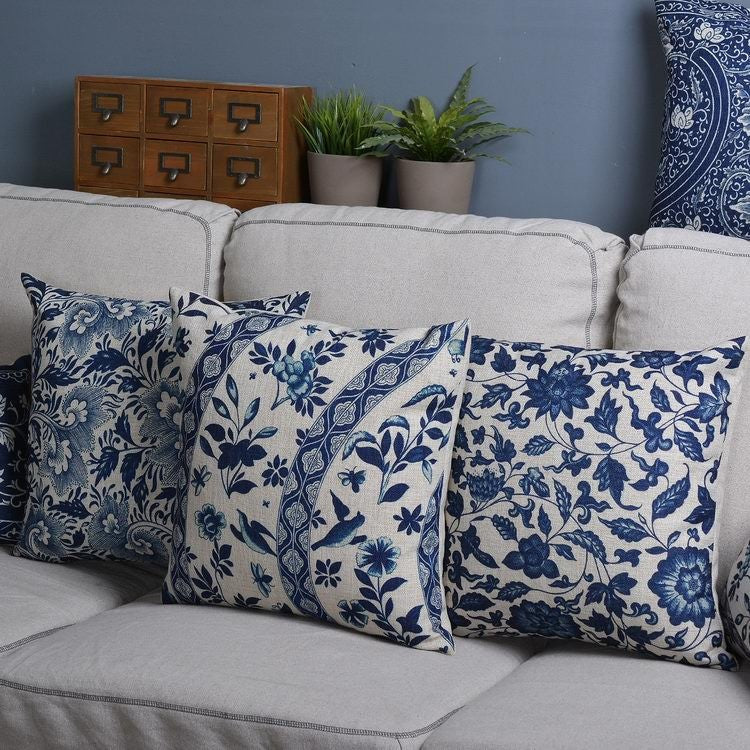 Throw Pillow Cover 18x18 Inches Blue Porcelain Print Linen Cotton Hidden Zipper for Couch Bedroom Chair Soft Textured Decorative Cushion Cas