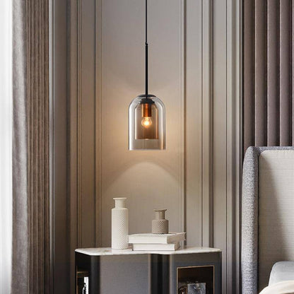 Modern Smoked Glass Pendant Light with Metal Frame for Dining Room & Bedroom | Contemporary Industrial Hanging Lamp Fixture | Ceiling
