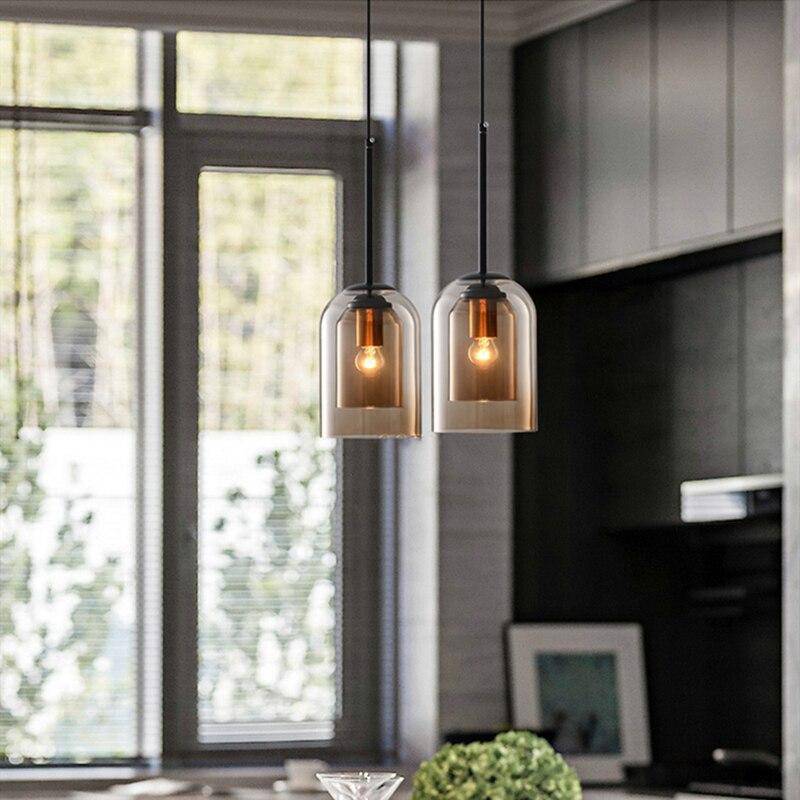 Modern Smoked Glass Pendant Light with Metal Frame for Dining Room & Bedroom | Contemporary Industrial Hanging Lamp Fixture | Ceiling