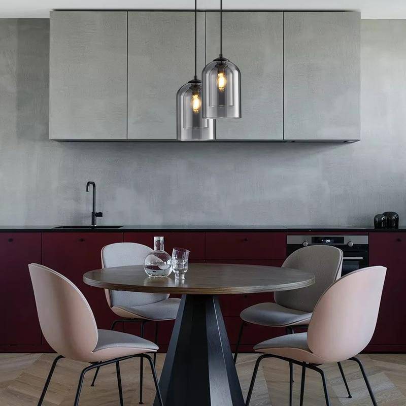 Modern Smoked Glass Pendant Light with Metal Frame for Dining Room & Bedroom | Contemporary Industrial Hanging Lamp Fixture | Ceiling