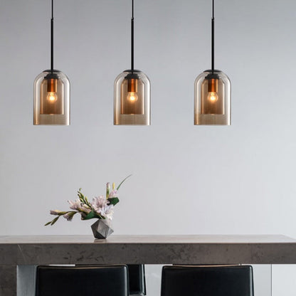 Dual-Layer Glass Pendant Light 6 in Smoke Gray E27 Socket Hanging Lamp Adjustable 59 in Cord for Dining Table Kitchen Island Ceiling Fixture