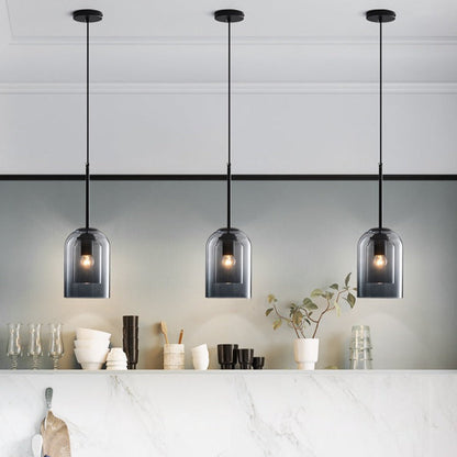 Dual-Layer Glass Pendant Light 6 in Smoke Gray E27 Socket Hanging Lamp Adjustable 59 in Cord for Dining Table Kitchen Island Ceiling Fixture